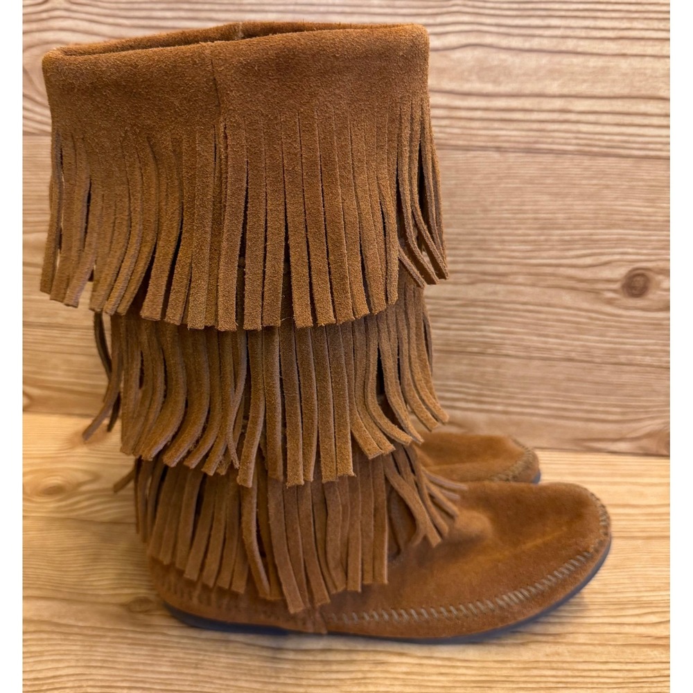 Minnetonka Women's Brown Suede Leather Fringe Knee High Moccasin Boots Sz 10 - Picture 4 of 11